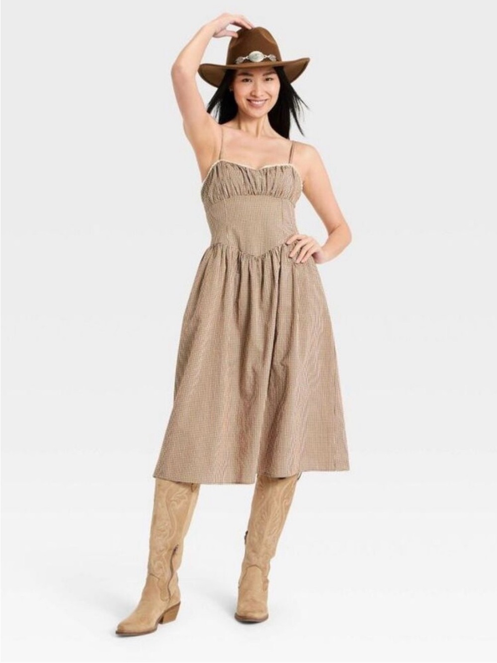 Tan Gingham Smocked Midi Dress with Spaghetti Straps